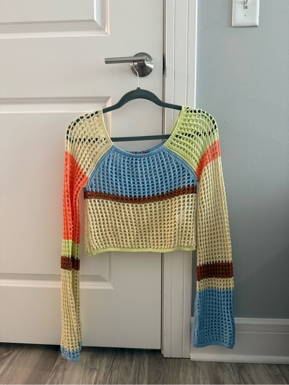 Urban Outfitted Crochet Open-Knit Colorblock Long-Sleeve Crop Top